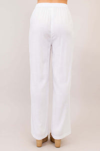 Back view of white wide leg linen-bamboo pants and elastic waist