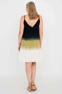 Back view of ombre spaghetti strap dress with V-back detail