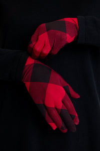 Red plaid print natural bamboo fiber women's gloves.
