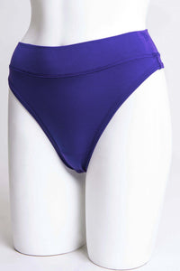 Angled front view of violet high rise thong underwear on mannequin