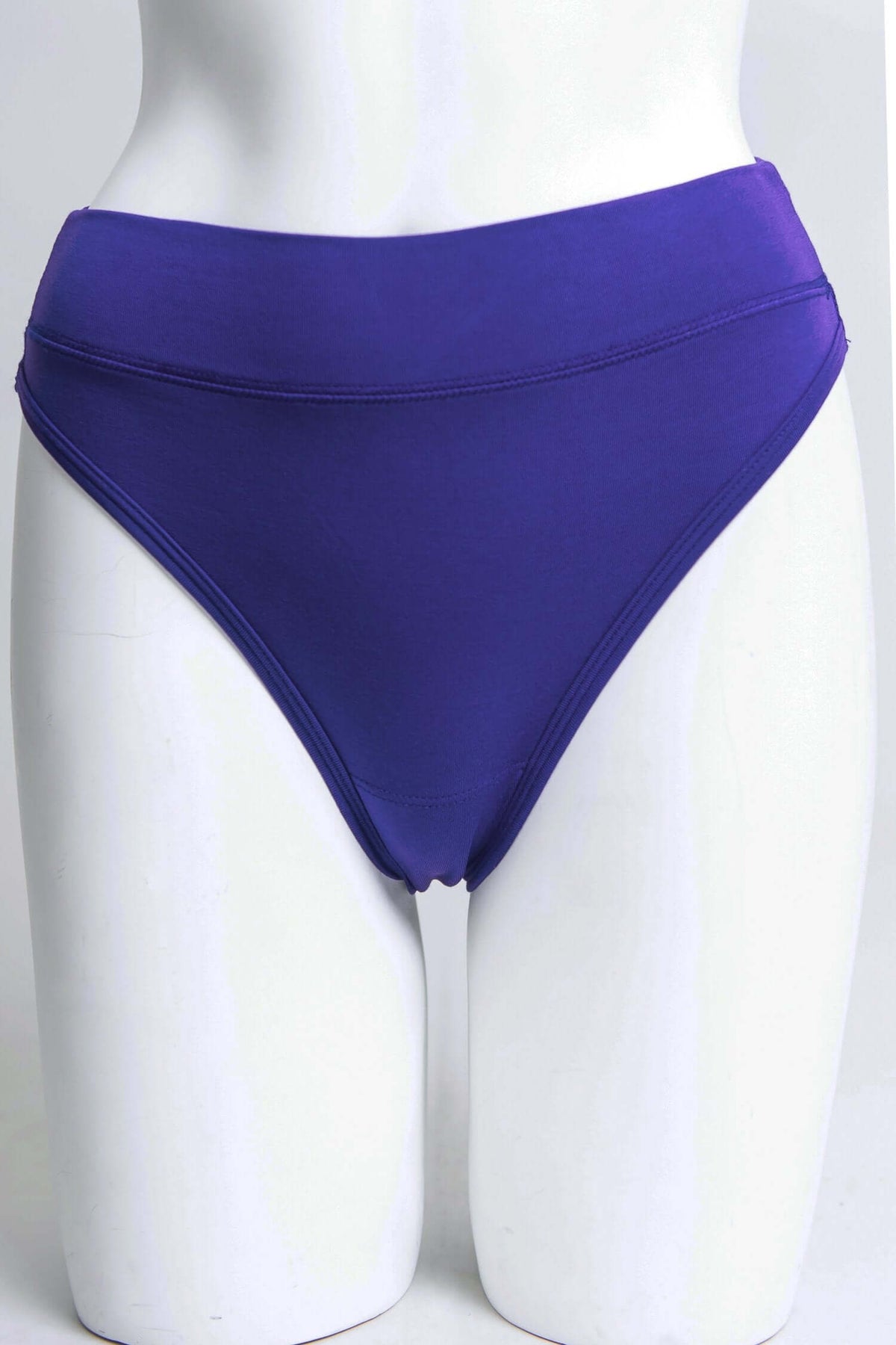 Front view of a high rise thong underwear in deep violet on mannequin