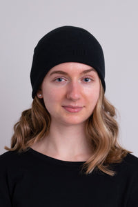 Women's black toque bamboo cotton beanie hat.