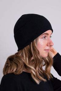 Women's black toque bamboo cotton beanie hat.