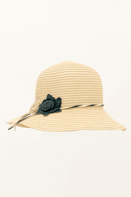 Beige wide brim sun hat with decorative floral accents