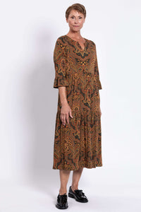 Bernadette Long Dress in paisley pattern, full front view