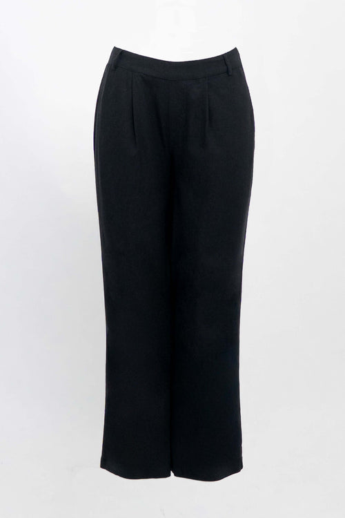 Black pleated trousers with belt loops and wide-leg fit displayed against a white background