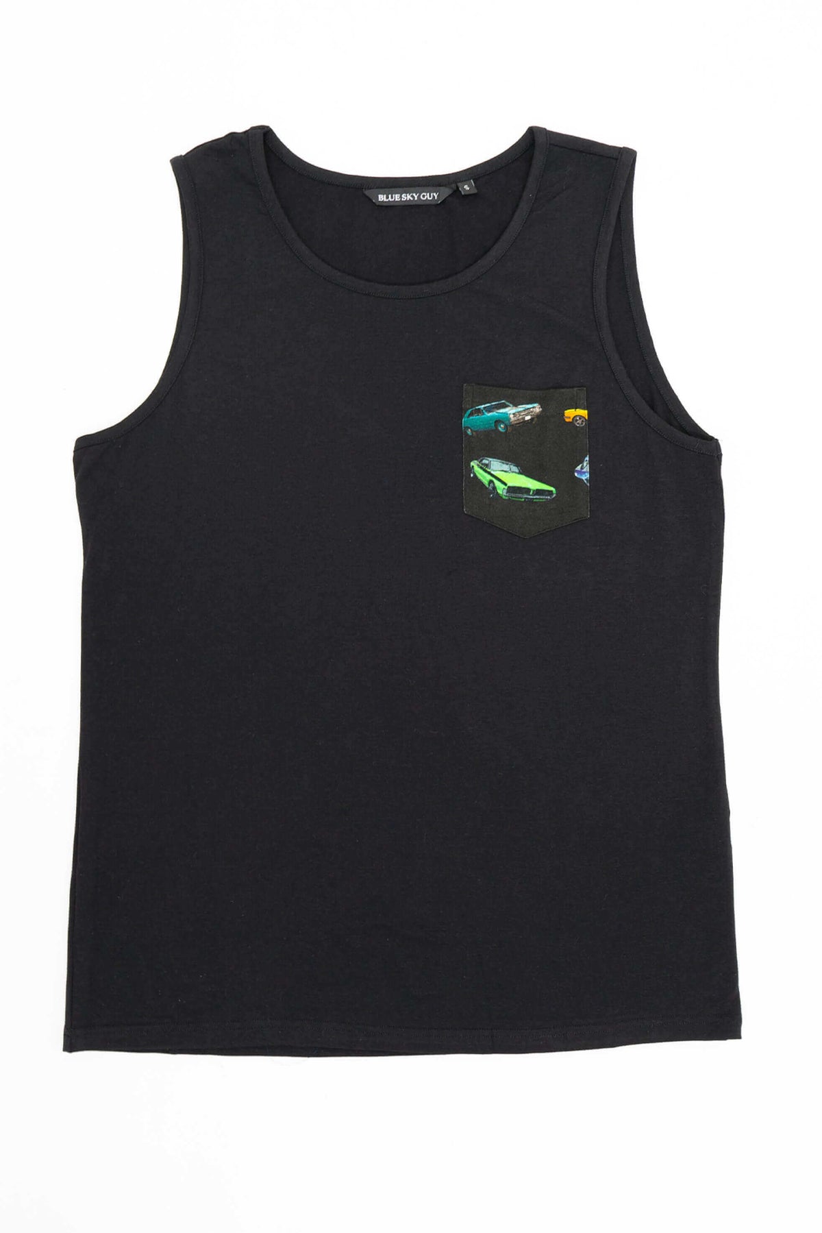 Black tank top with colorful retro car print on chest pocket, laid flat