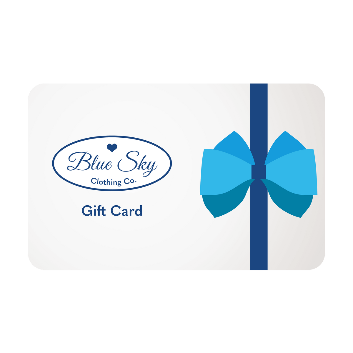 Blue Sky Clothing Co. gift card with blue ribbon on a white background