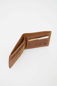 Open brown leather wallet displaying multiple card compartments