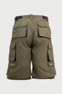 Heavy duty green cotton utility shorts shown from behind with multiple tactical flap pockets and belt loops
