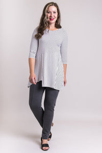 Women's black and white plus-size striped 3/4 sleeve tunic dress. Made with sustainable and fair-trade natural fibers.