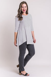 Women's black and white plus-size striped 3/4 sleeve tunic dress. Made with sustainable and fair-trade natural fibers.