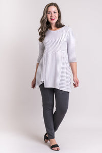 Women's black and white plus-size striped 3/4 sleeve tunic dress. Made with sustainable and fair-trade natural fibers.