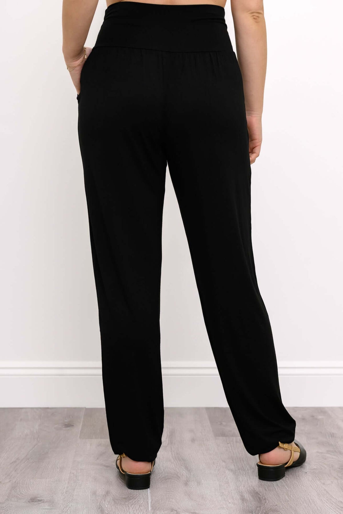 Back view of Clair black bamboo pants with wide waistband