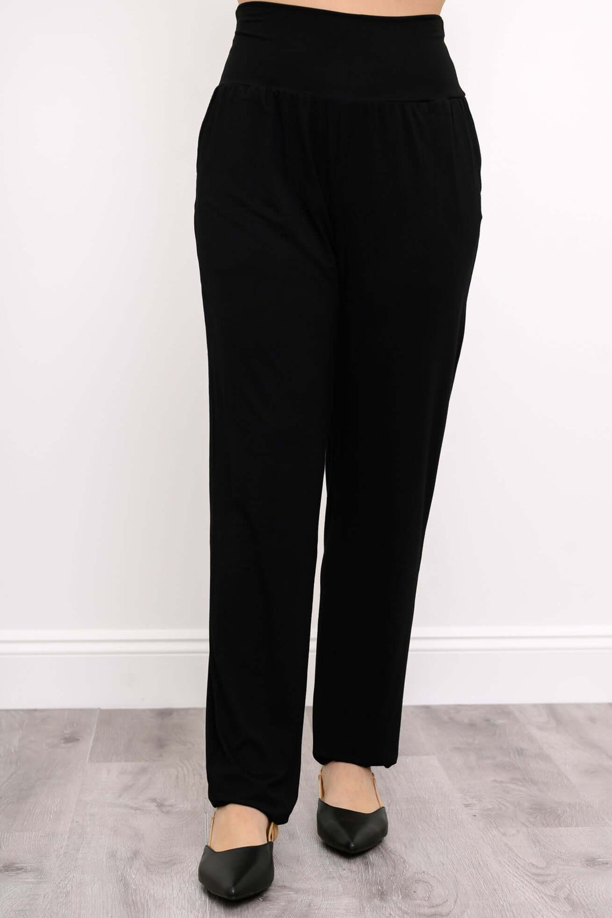 Front view of Clair black bamboo tapered pants with wide waistband