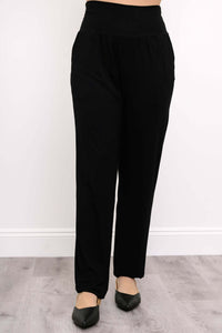 Front view of Clair black bamboo tapered pants with wide waistband