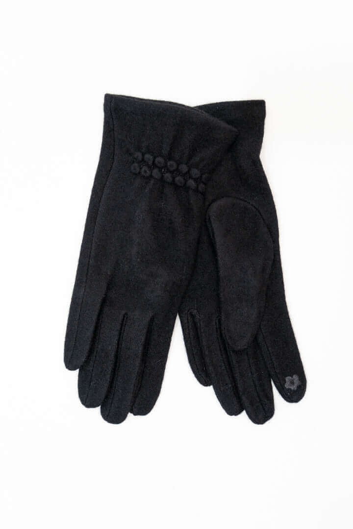 Pair of classic black wool gloves with decorative detailing and touchscreen fingertip