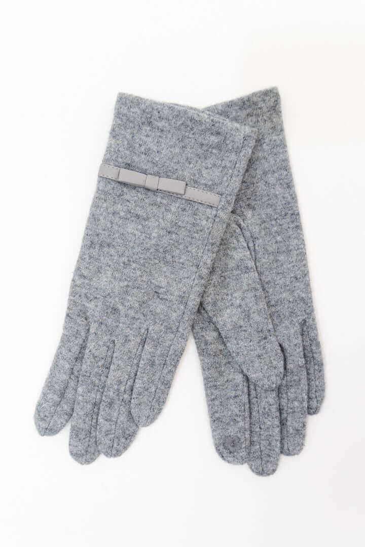 Pair of classic grey wool gloves with a subtle bow accent on the cuff