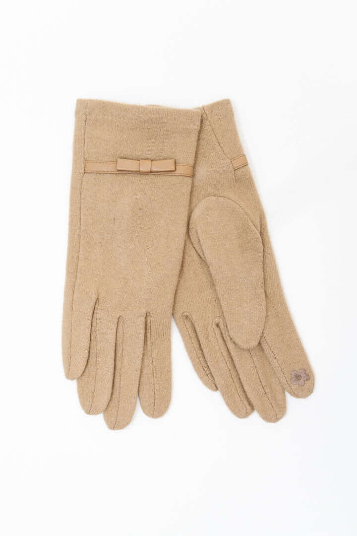 Pair of classic tan wool gloves with bow accent and elegant detailing