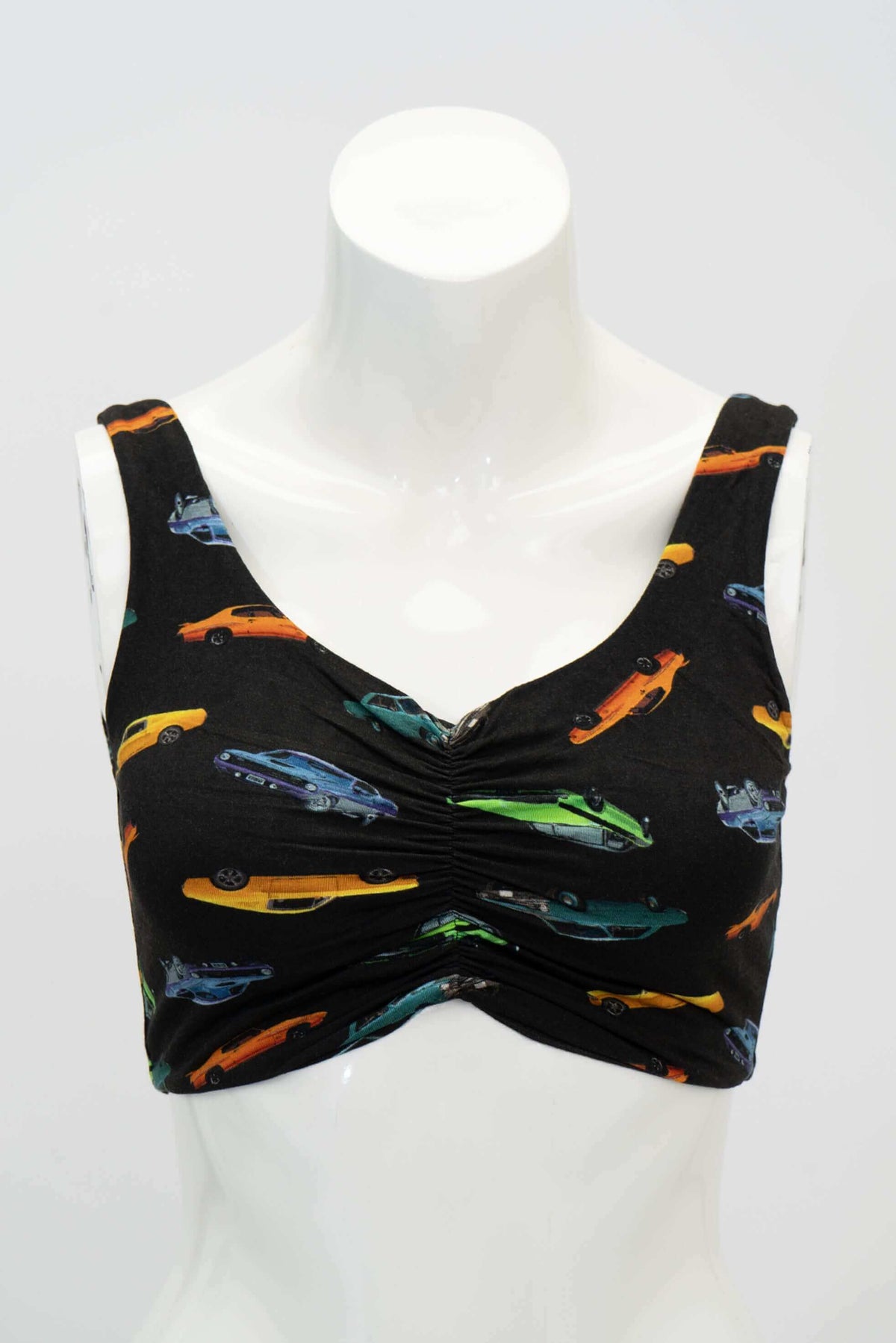Close-up of Clipper Top in Retro Cars print on mannequin