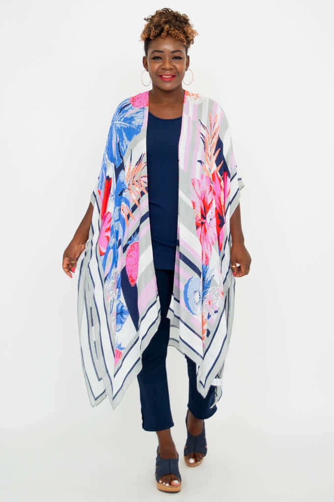 Model wearing Darcy floral kimono wrap front view