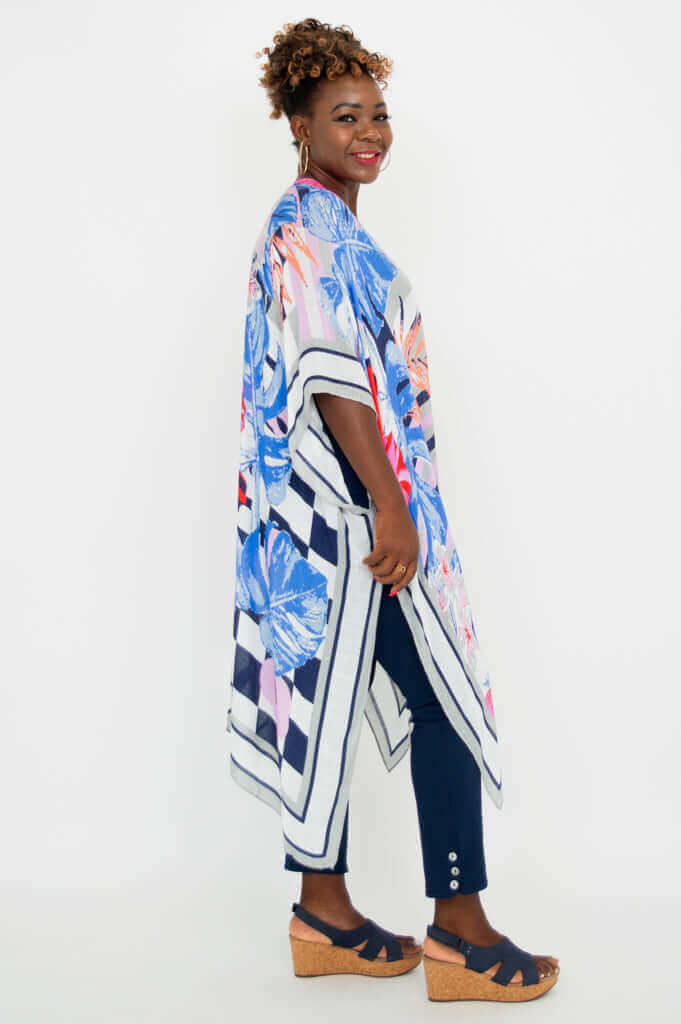 Model wearing Darcy floral kimono wrap side view