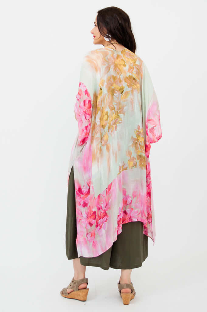 Back view of Darcy kimono wrap showing pink and gold floral design