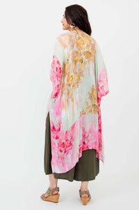 Back view of Darcy kimono wrap showing pink and gold floral design