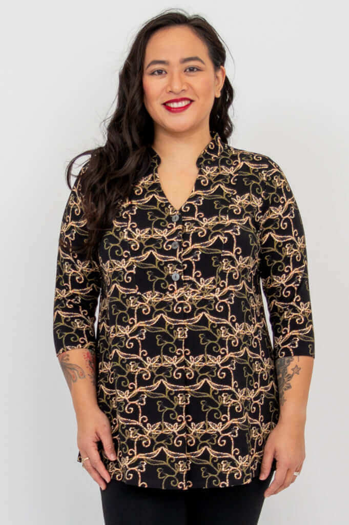 Edwina bamboo top close-up worn by woman, facing forward