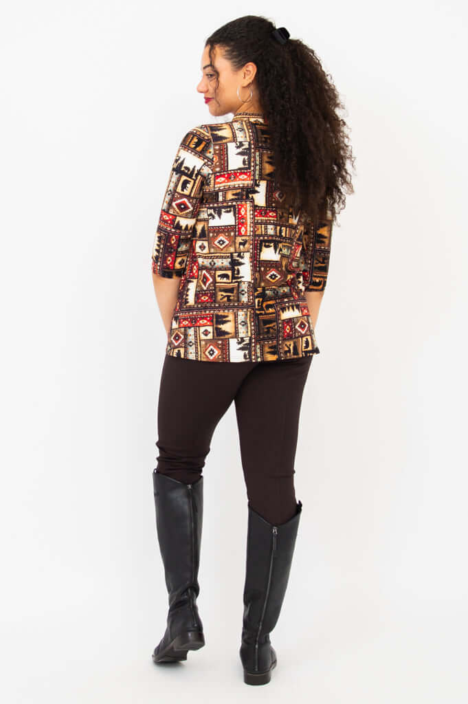 Back view of model showing the Edwina top’s pattern and center pleat