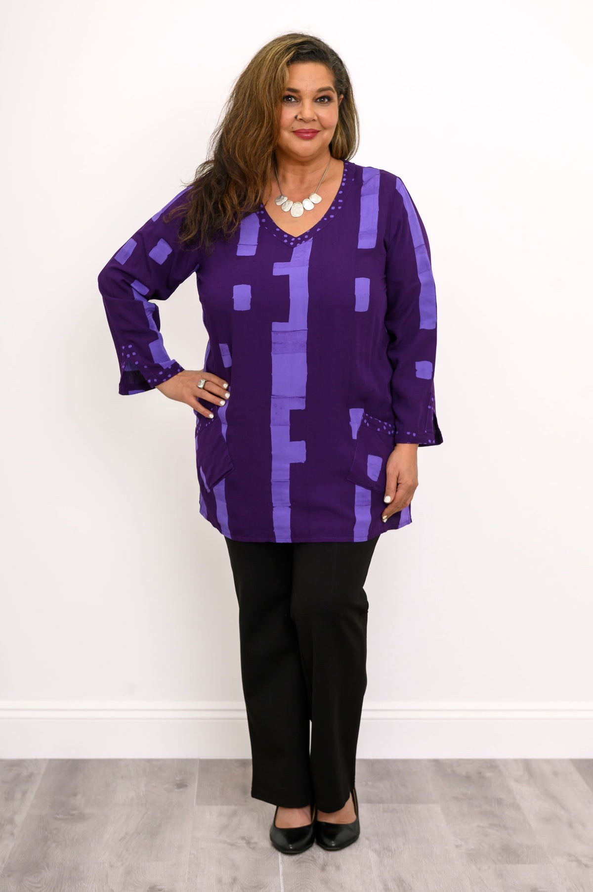 Evelyn Long Sleeve Top, Purple Cubes