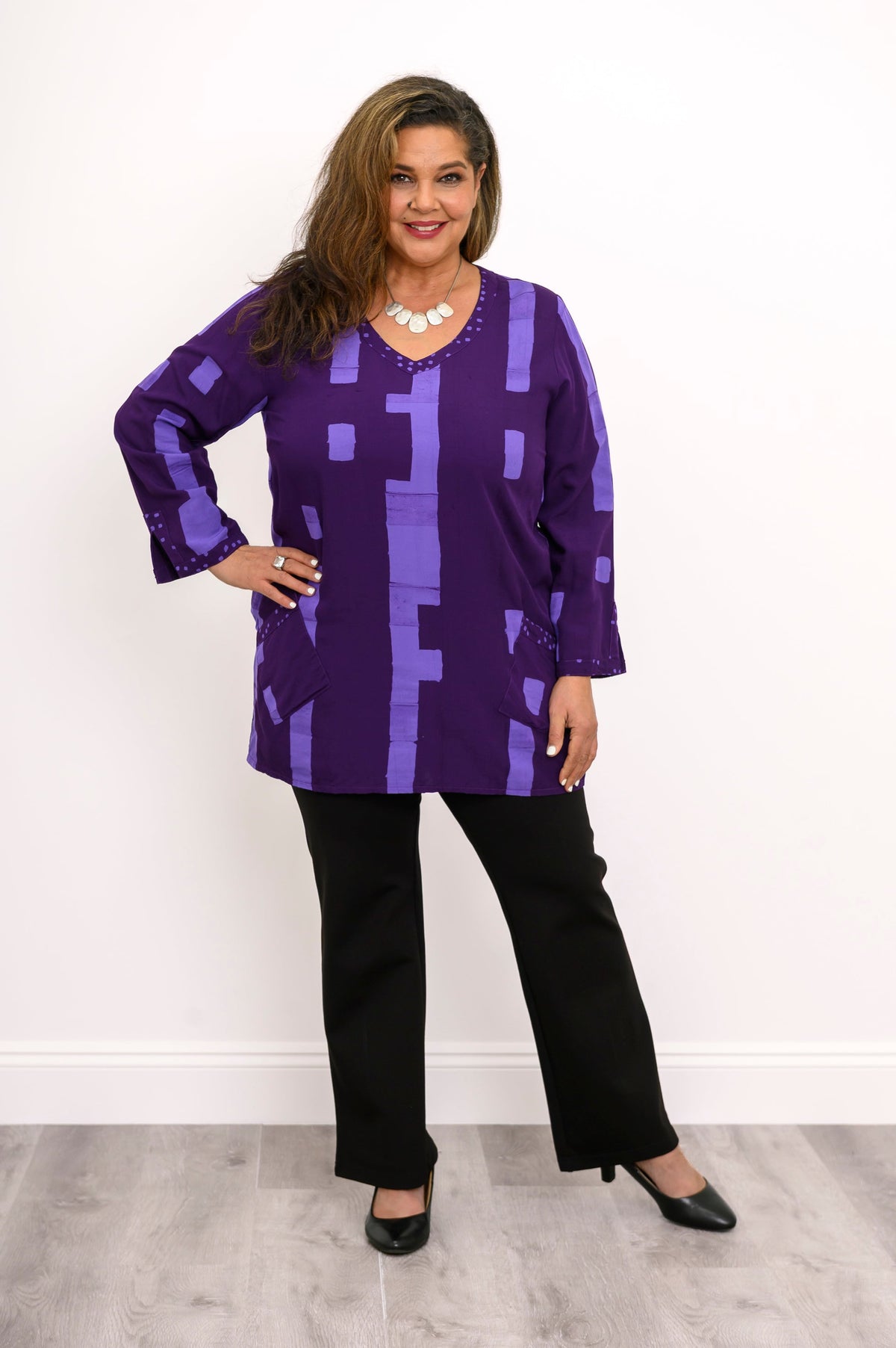 Evelyn Long Sleeve Top, Purple Cubes
