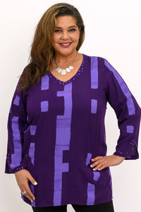Evelyn Long Sleeve Top, Purple Cubes