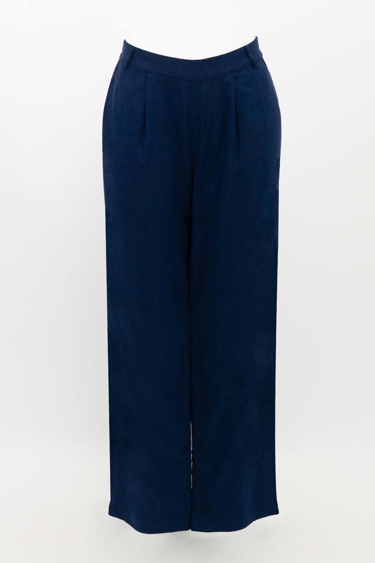 Dark blue pants displayed against a white background showing wide-leg fit and pleats
