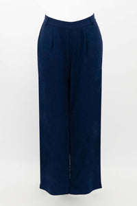 Dark blue pants displayed against a white background showing wide-leg fit and pleats