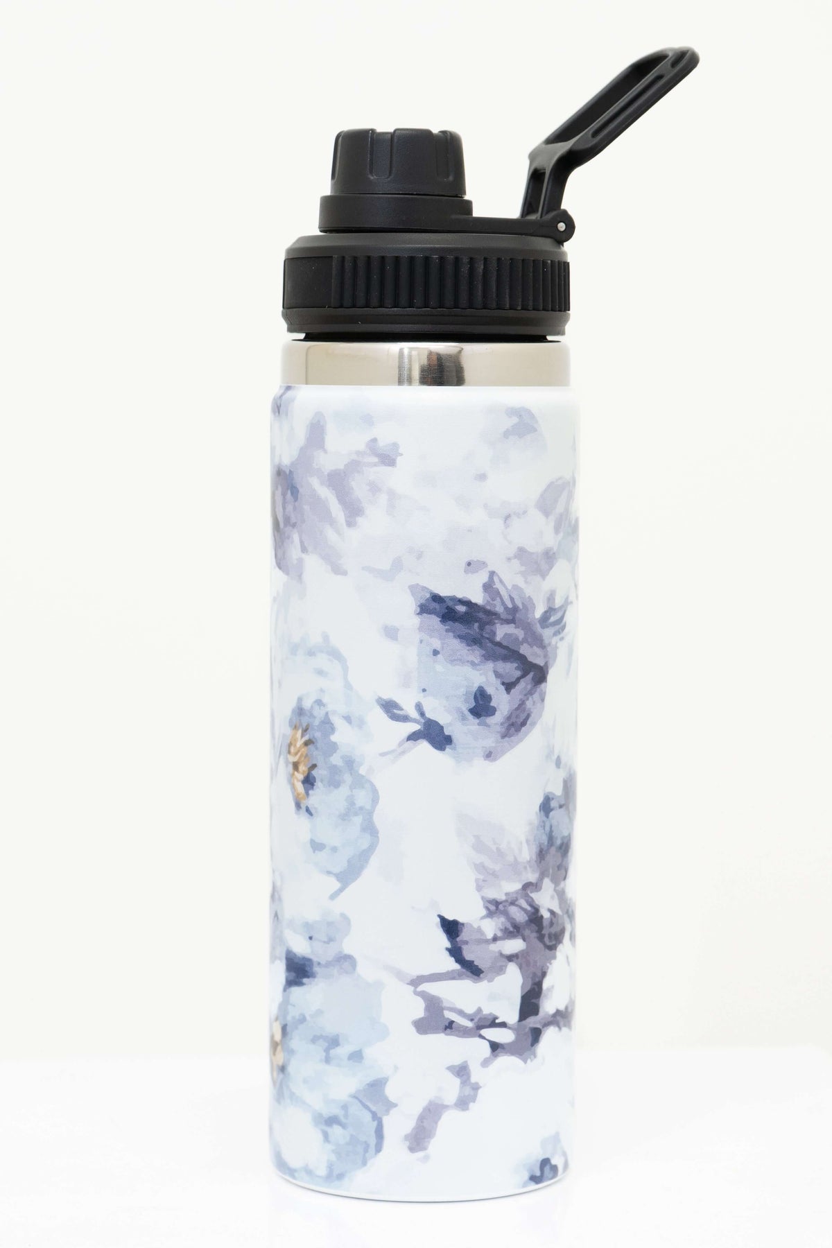 Insulated water bottle with blue floral design and black screw cap