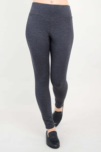 Front angled view of Dixie Fleece-Lined charcoal leggings with self-fabric waistband