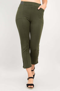 Front close-up of olive green crop pants with pocket and button hem detail