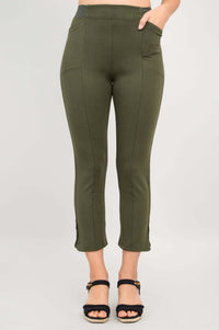 Front full view of olive green crop pants with button detail at hem