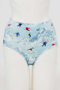 Front view of high-waisted bamboo brief with skier print