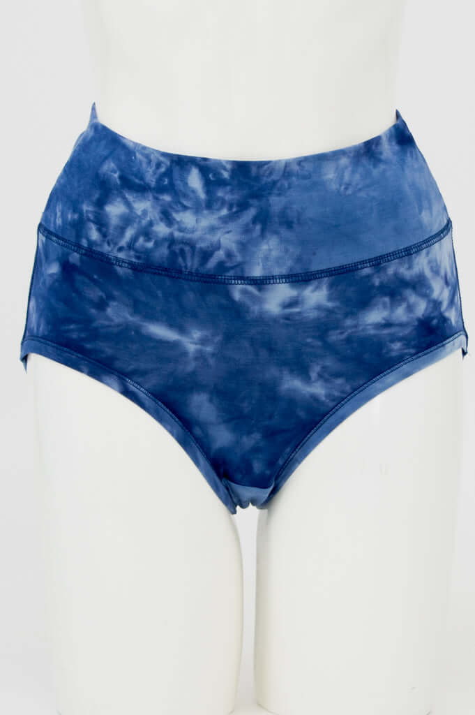 Front view of blue tie dye high-waisted bamboo brief underwear on mannequin