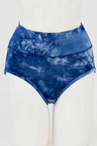 Front view of blue tie dye high-waisted bamboo brief underwear on mannequin