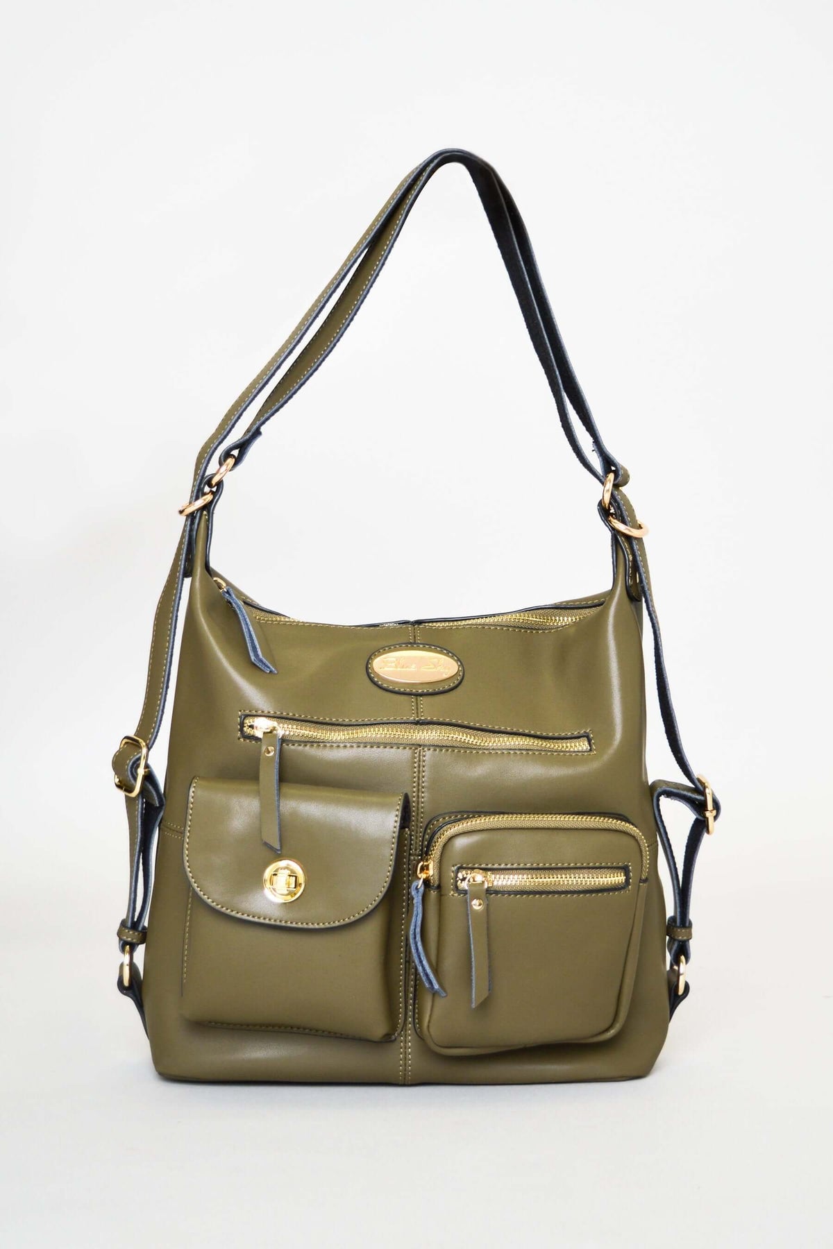 Front view of olive green convertible organizer bag with multiple pockets and gold accents