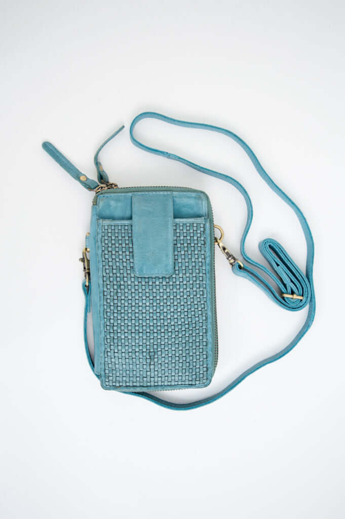 Front view of an azure woven leather crossbody wallet with strap