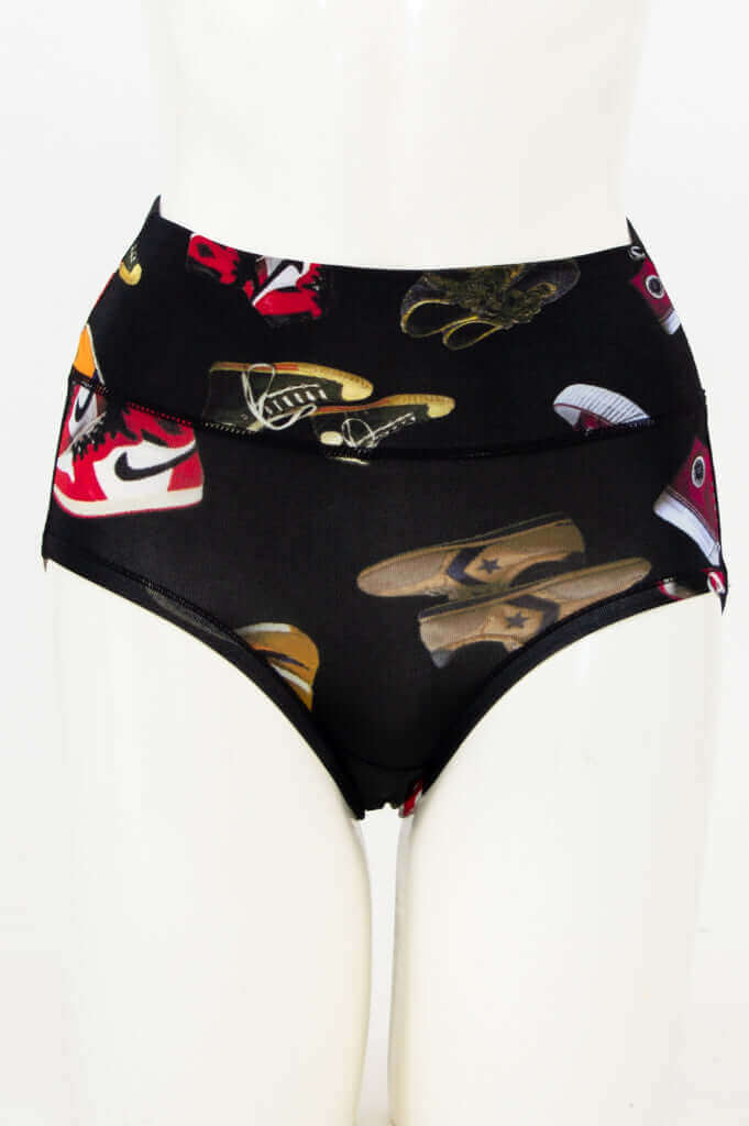Front view of high-waist black brief with colorful sneaker print