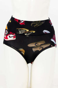Front view of high-waist black brief with colorful sneaker print