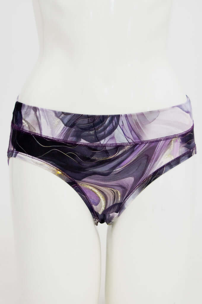 Front view of marble swirl print bamboo hipster underwear on mannequin