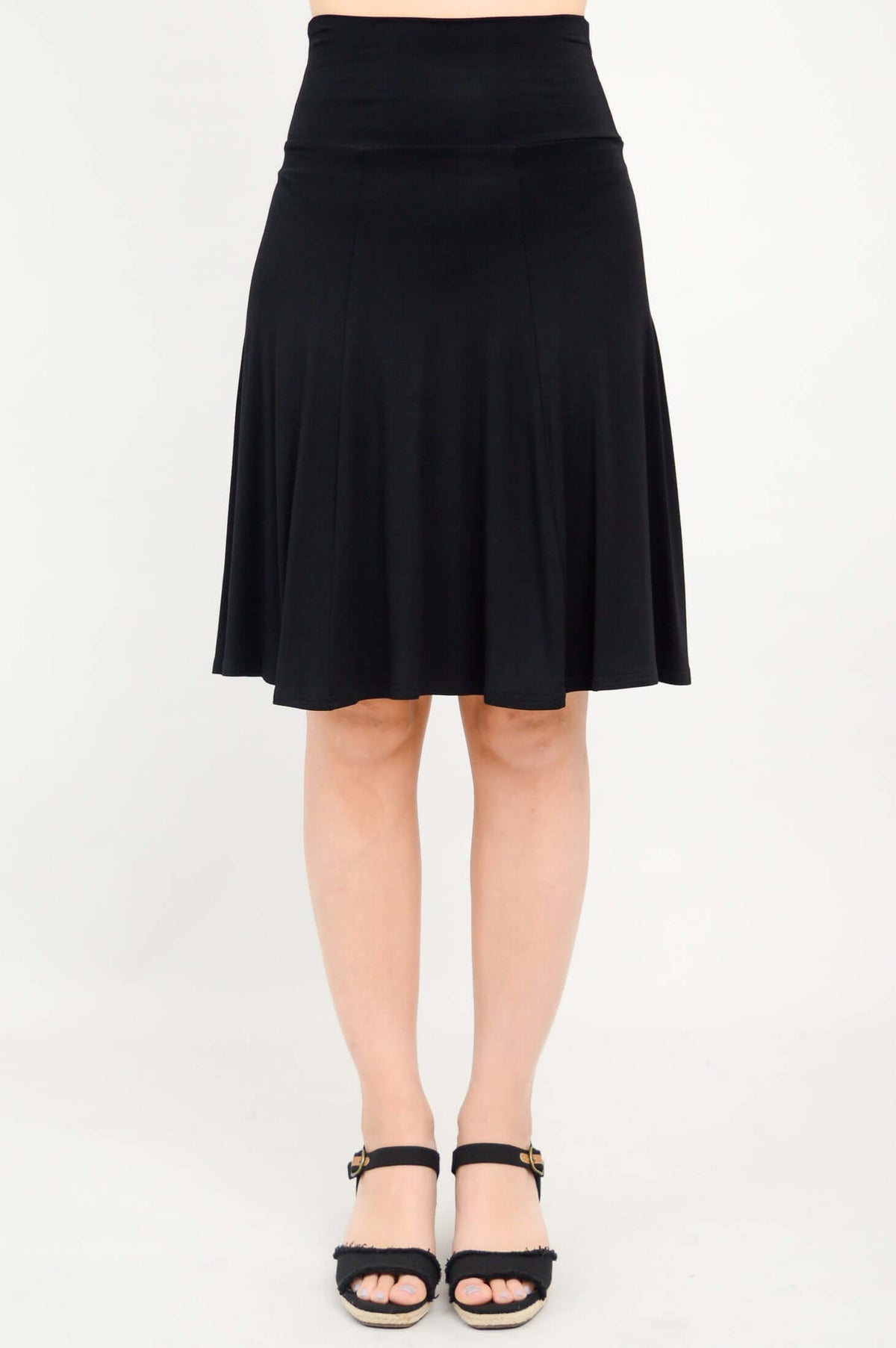 Front view of Aly fit and flare black skirt with wide waistband