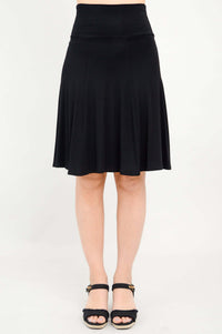Front view of Aly fit and flare black skirt with wide waistband