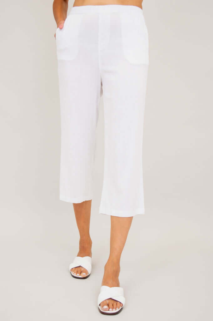 Front view of Bella Capri Pant in white, showing relaxed fit and pockets